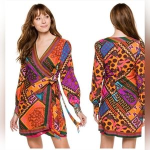 Farm Rio Dotted Patch Scarf Mini Dress S Small Wrap Tassel Tie Mixed Prnt $225